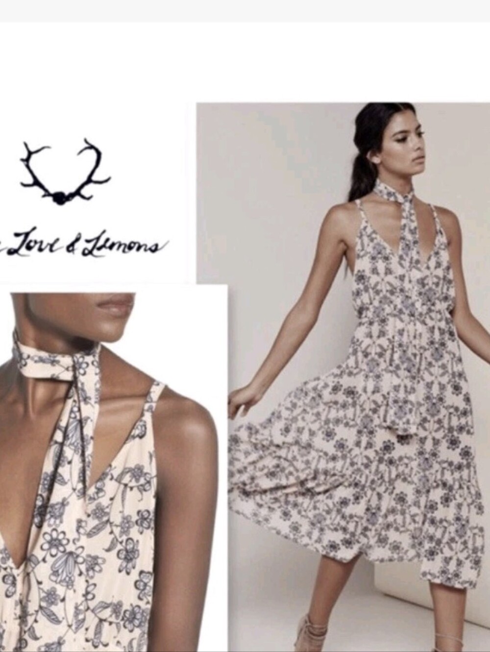 For Love & Lemons Peach Floral Midi Slip Dress with Neck Scarf Size L - Picture 3 of 13